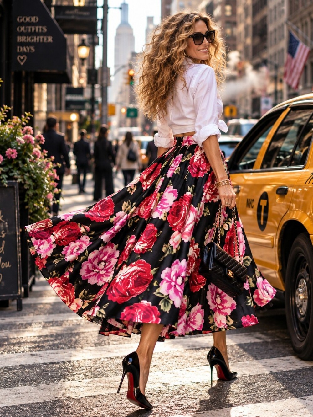 Handmade Rose Floral Full Maxi Skirt Black Pink Pleated Fit Flare Romantic Sz M